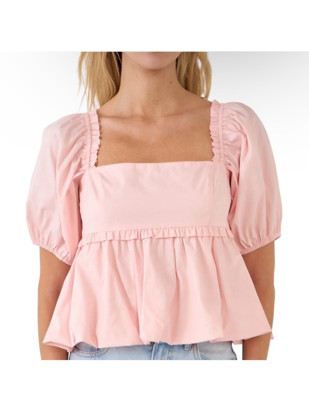 NWT Endless Rose Blouson Baby Doll Top Light Pink Square Neck Peplum Puff Sleeve